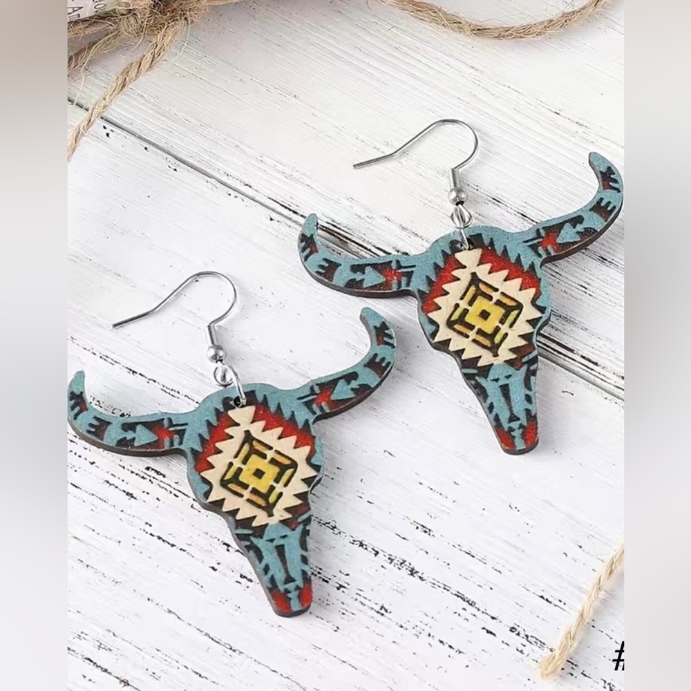 #71 | Southwest Aztec Native Longhorn Wood Dangle Earrings